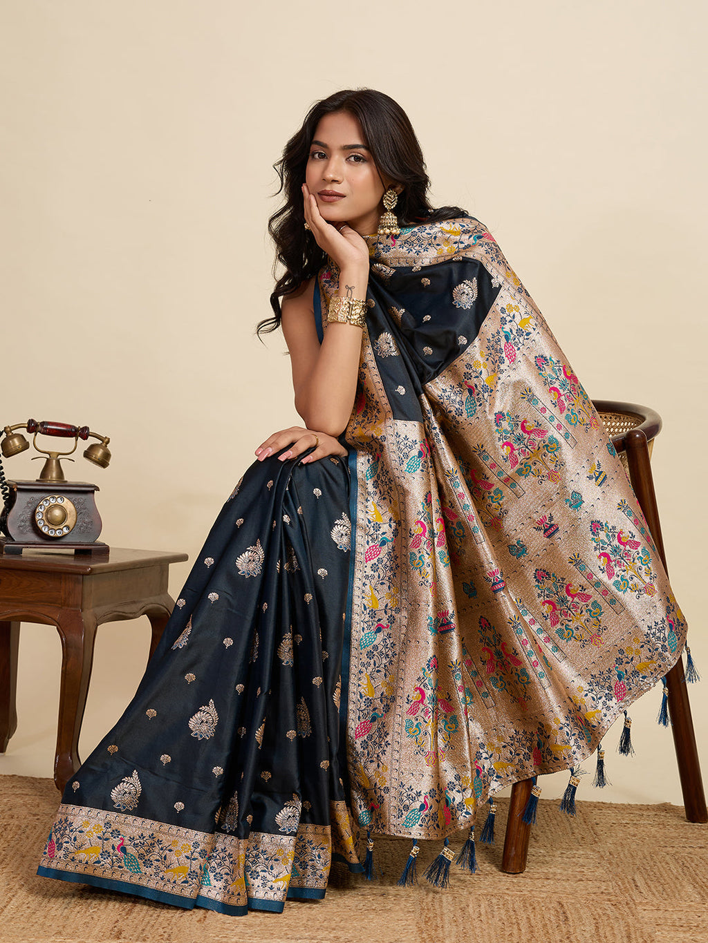 Vedant Vastram Soft Litchi Silk Paithani Jacquard Saree - Navy Blue | Grocsy