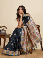 Vedant Vastram Soft Litchi Silk Paithani Jacquard Saree - Navy Blue | Grocsy