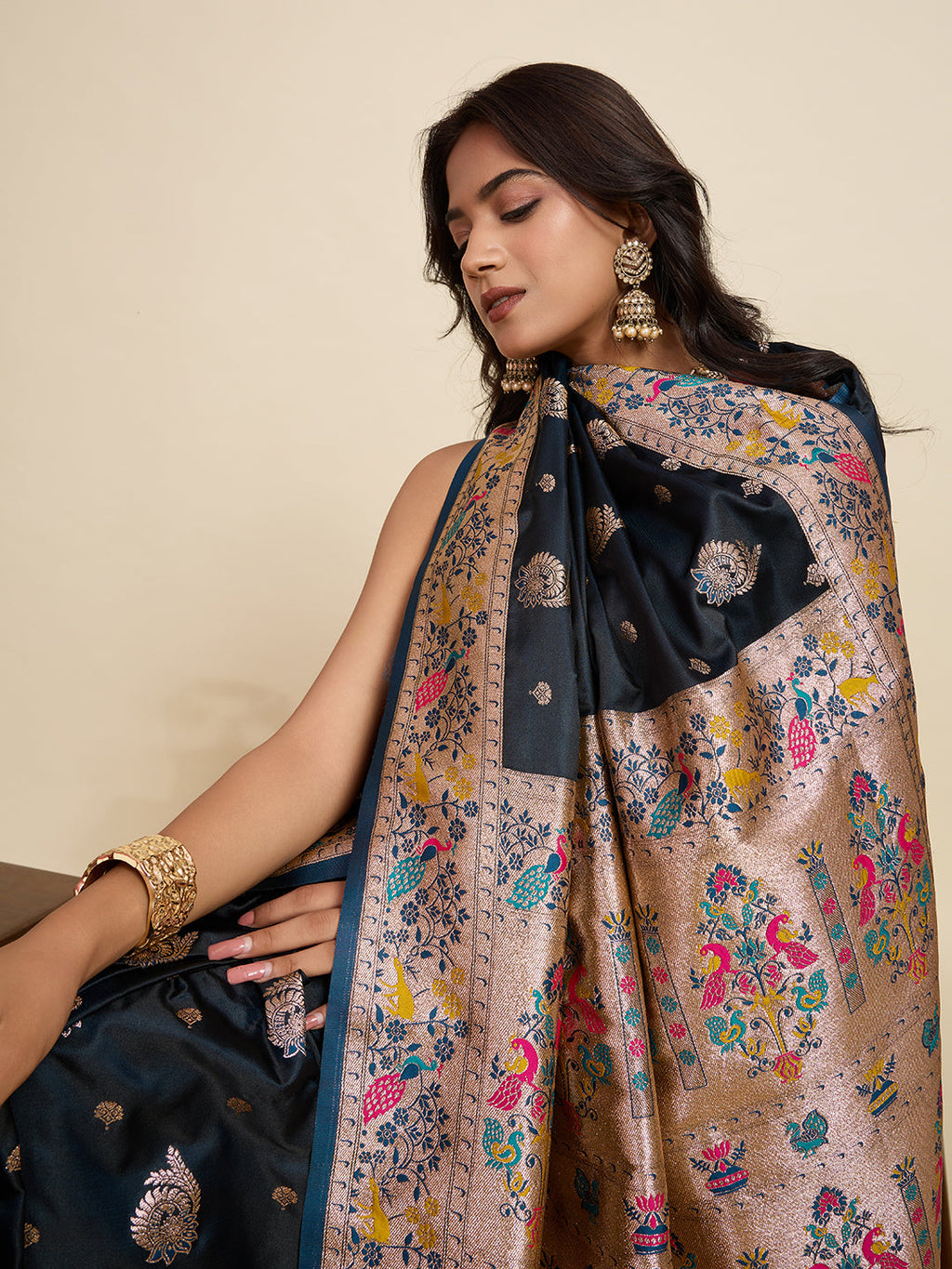 Vedant Vastram Soft Litchi Silk Paithani Jacquard Saree - Navy Blue | Grocsy