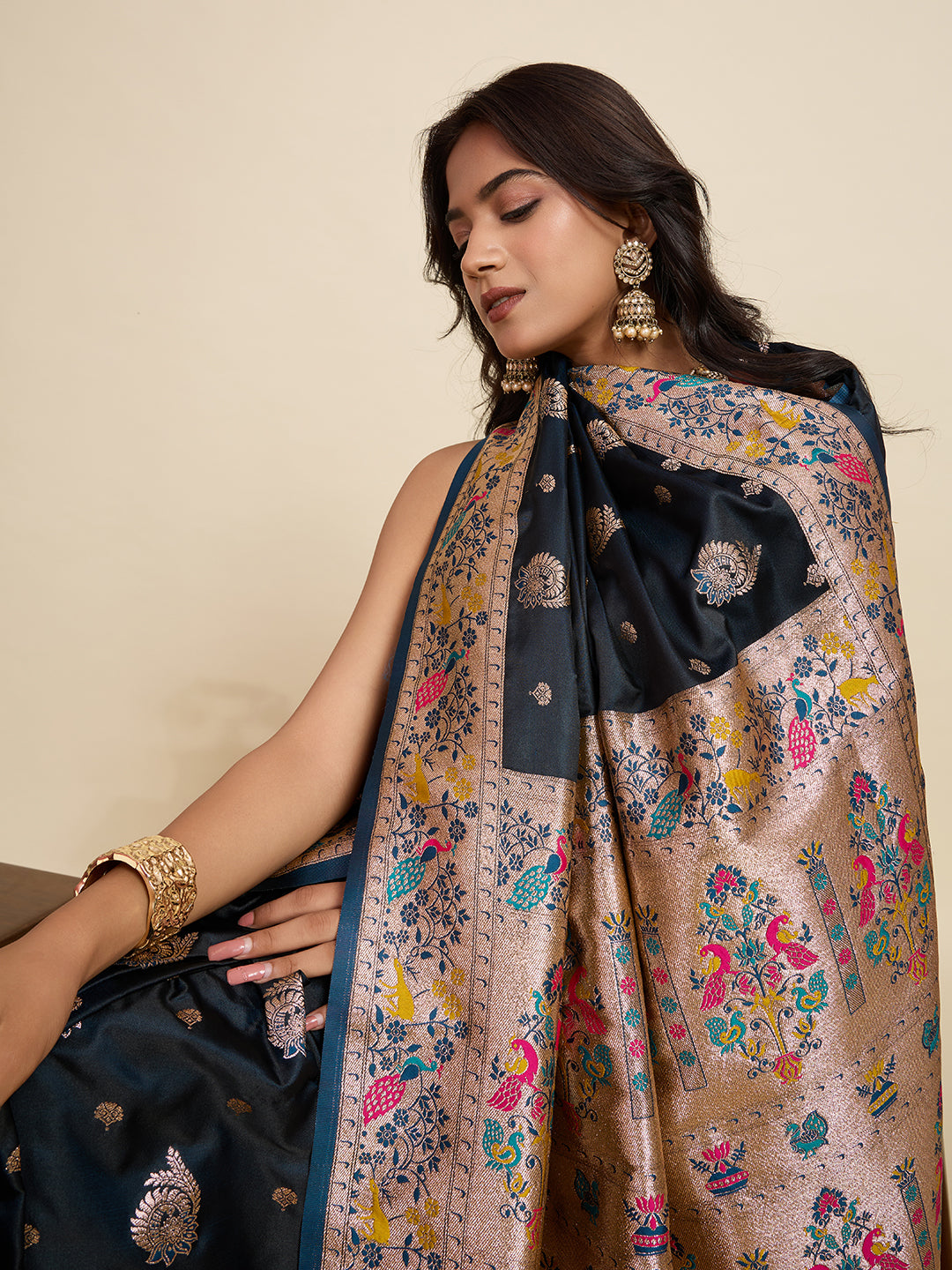 Vedant Vastram Soft Litchi Silk Paithani Jacquard Saree - Navy Blue | Grocsy