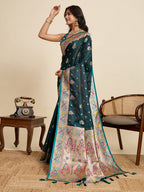Vedant Vastram Soft Litchi Silk Paithani Jacquard Saree - Rama | Grocsy