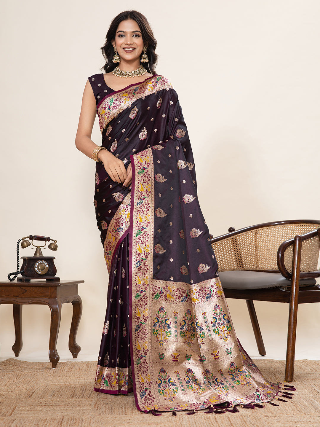 Vedant Vastram Soft Litchi Silk Paithani Jacquard Saree - Wine | Grocsy