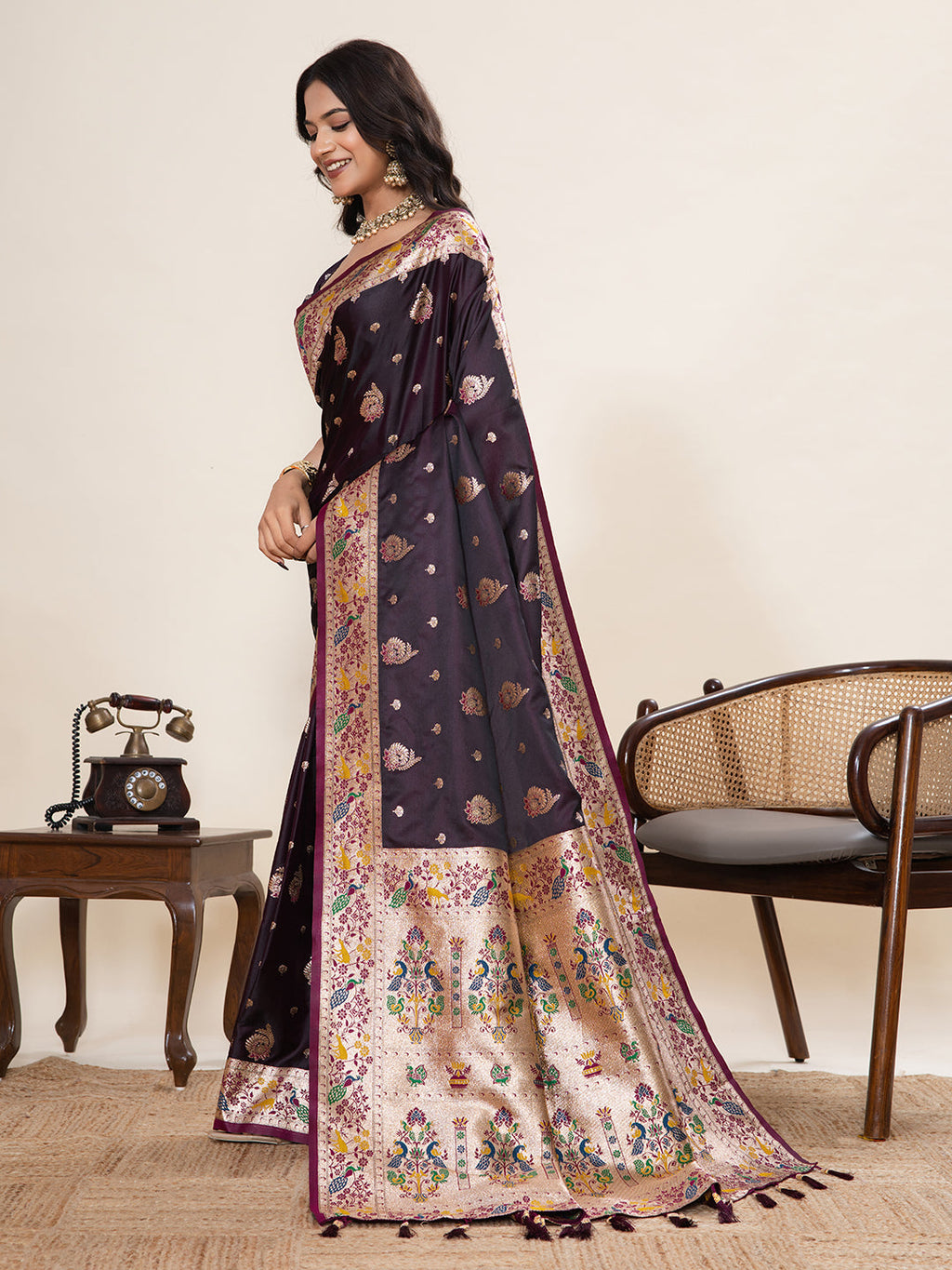 Vedant Vastram Soft Litchi Silk Paithani Jacquard Saree - Wine | Grocsy