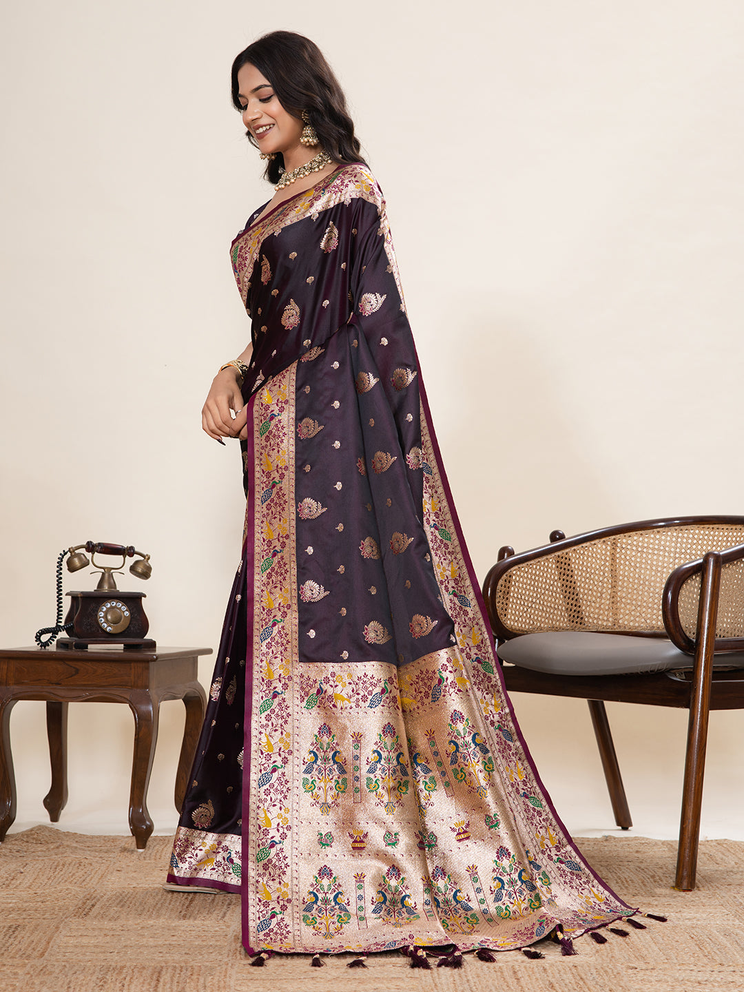 Vedant Vastram Soft Litchi Silk Paithani Jacquard Saree - Wine | Grocsy