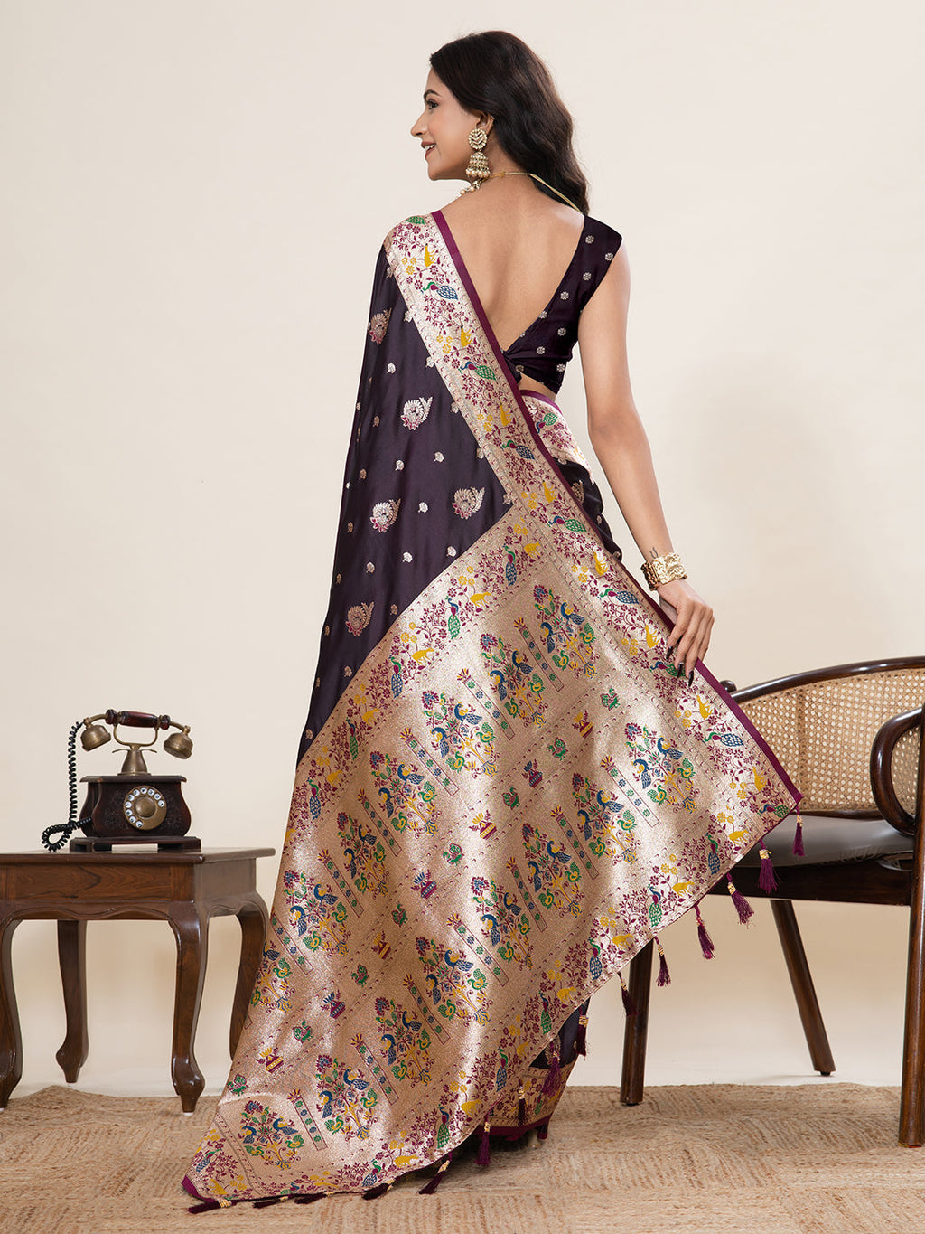 Vedant Vastram Soft Litchi Silk Paithani Jacquard Saree - Wine | Grocsy