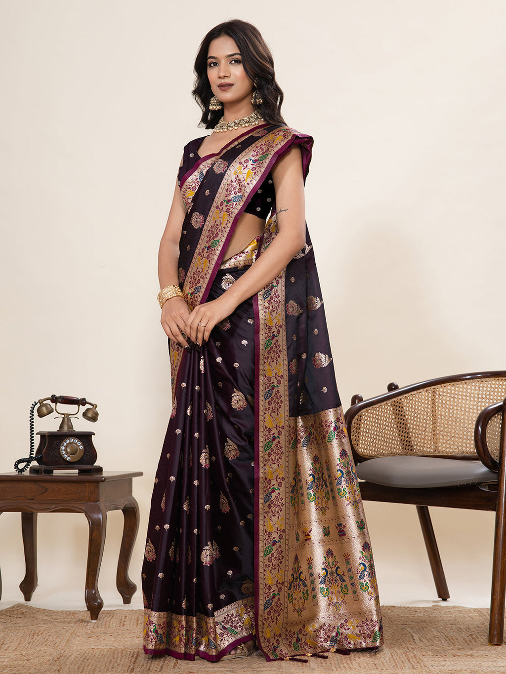 Vedant Vastram Soft Litchi Silk Paithani Jacquard Saree - Wine | Grocsy