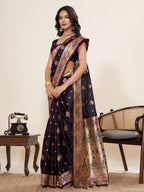 Vedant Vastram Soft Litchi Silk Paithani Jacquard Saree - Wine | Grocsy