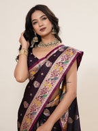Vedant Vastram Soft Litchi Silk Paithani Jacquard Saree - Wine | Grocsy