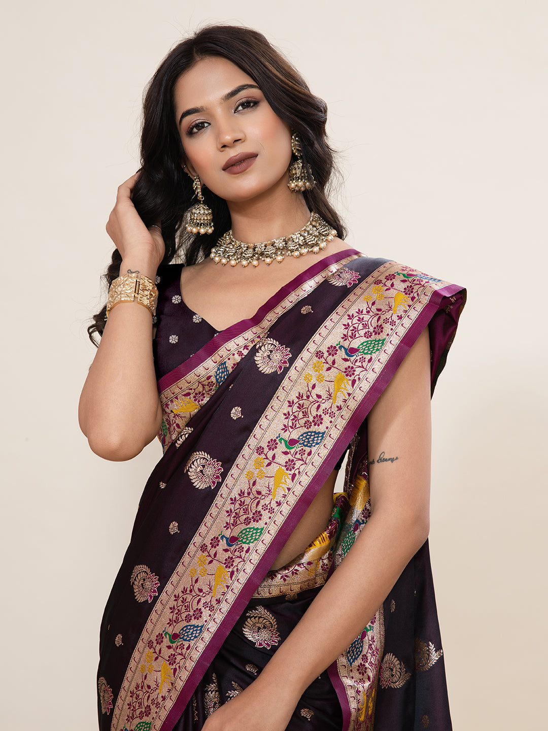 Vedant Vastram Soft Litchi Silk Paithani Jacquard Saree - Wine | Grocsy