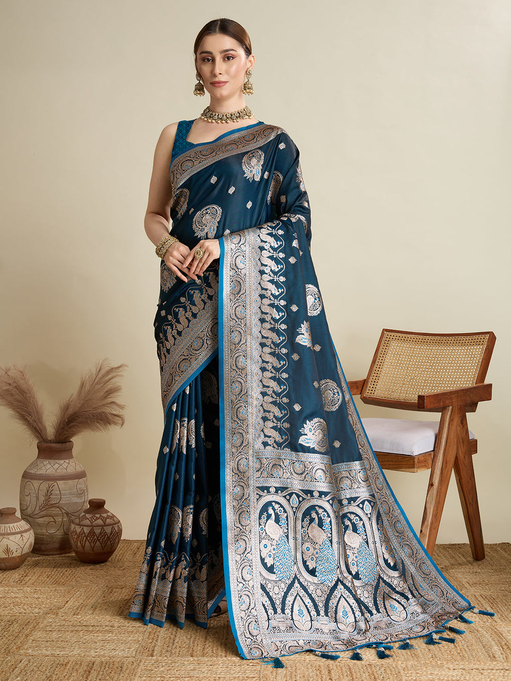 Vedant Vastram Soft Litchi SIlk Banarasi Silk Jacquard Saree - Firozi | Grocsy