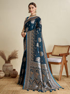 Vedant Vastram Soft Litchi SIlk Banarasi Silk Jacquard Saree - Firozi | Grocsy