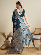 Vedant Vastram Soft Litchi SIlk Banarasi Silk Jacquard Saree - Firozi | Grocsy