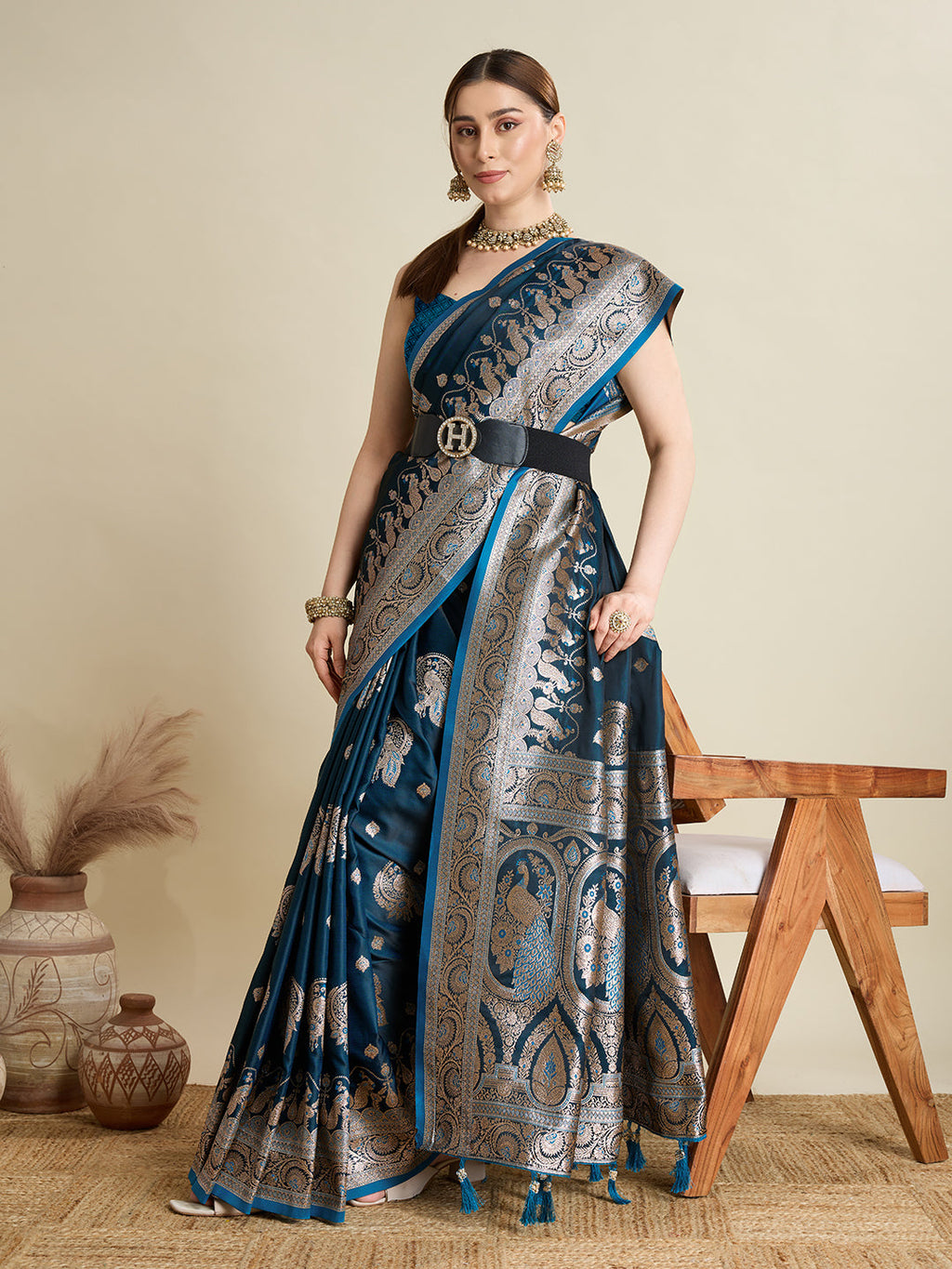 Vedant Vastram Soft Litchi SIlk Banarasi Silk Jacquard Saree - Firozi | Grocsy
