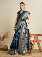 Vedant Vastram Soft Litchi SIlk Banarasi Silk Jacquard Saree - Firozi | Grocsy
