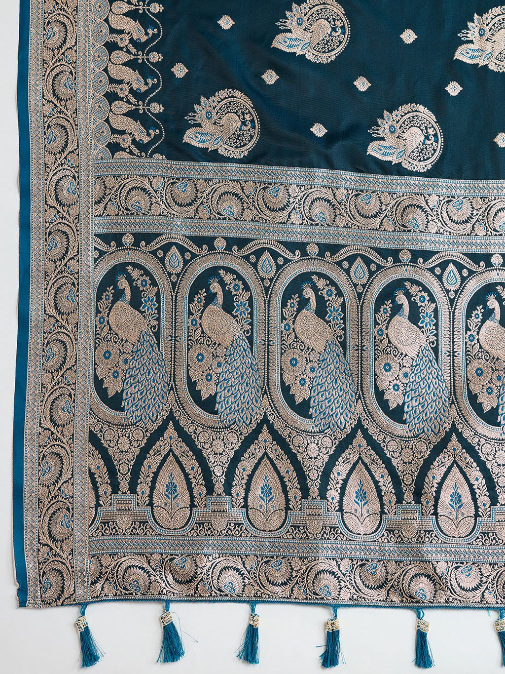 Vedant Vastram Soft Litchi SIlk Banarasi Silk Jacquard Saree - Firozi | Grocsy