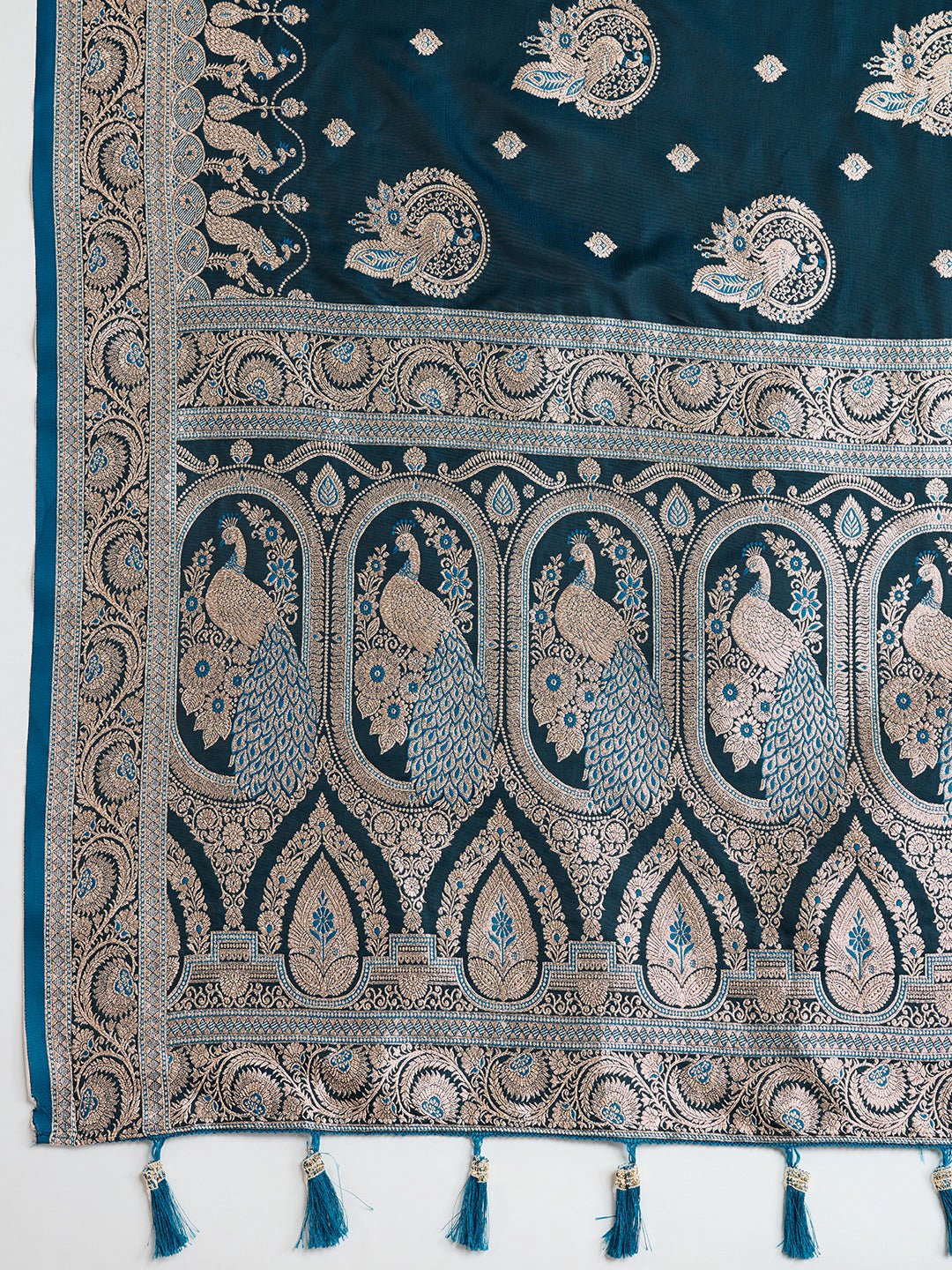 Vedant Vastram Soft Litchi SIlk Banarasi Silk Jacquard Saree - Firozi | Grocsy