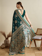 Vedant Vastram Soft Litchi SIlk Banarasi Silk Jacquard Saree - Green | Grocsy