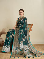 Vedant Vastram Soft Litchi SIlk Banarasi Silk Jacquard Saree - Green | Grocsy