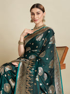 Vedant Vastram Soft Litchi SIlk Banarasi Silk Jacquard Saree - Green | Grocsy