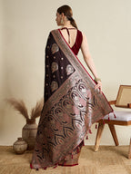 Vedant Vastram Soft Litchi SIlk Banarasi Silk Jacquard Saree - Maroon | Grocsy