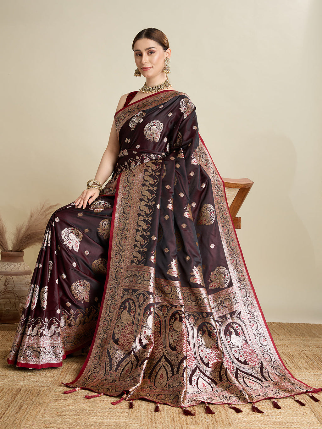 Vedant Vastram Soft Litchi SIlk Banarasi Silk Jacquard Saree - Maroon | Grocsy