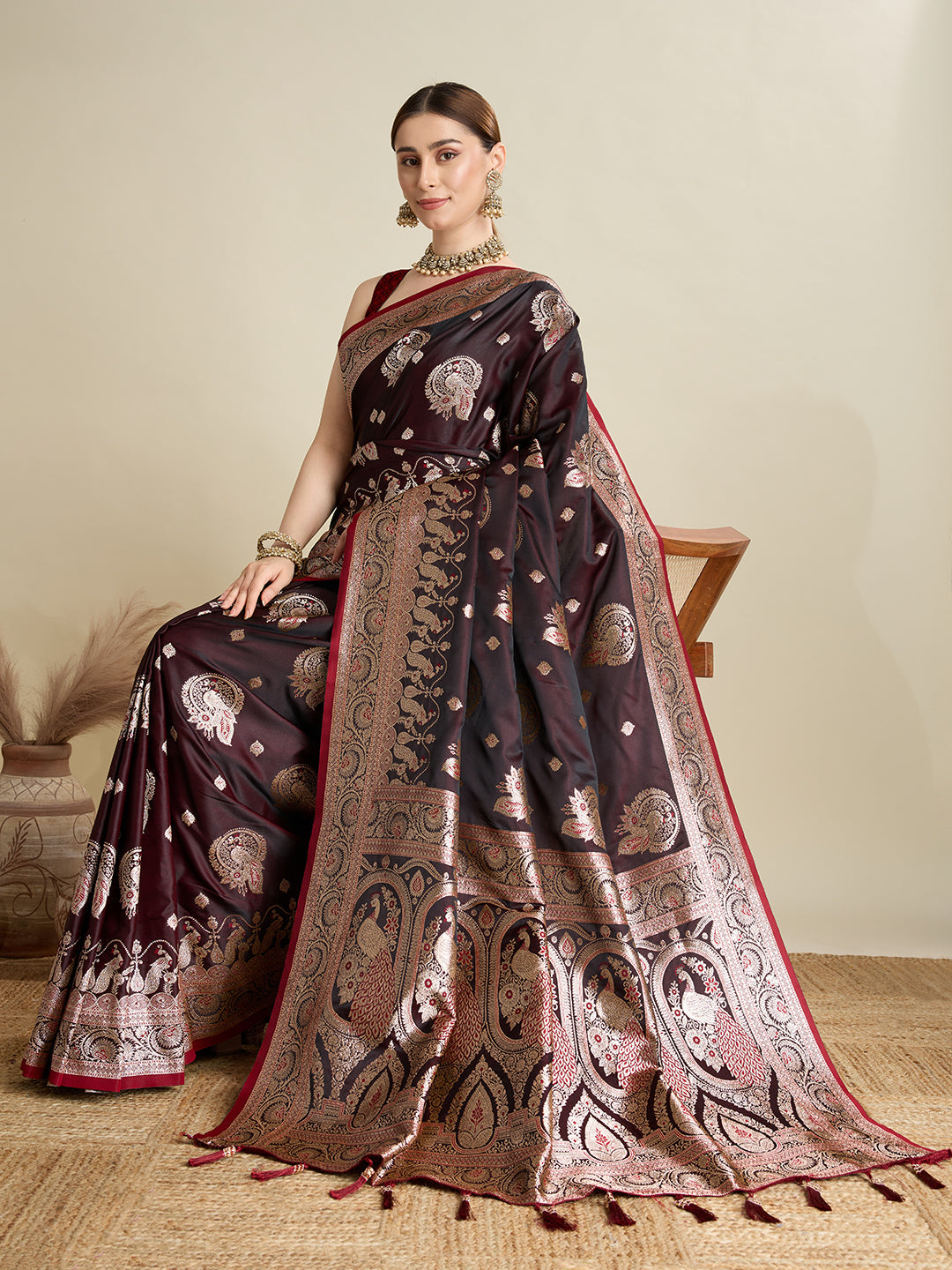 Vedant Vastram Soft Litchi SIlk Banarasi Silk Jacquard Saree - Maroon | Grocsy
