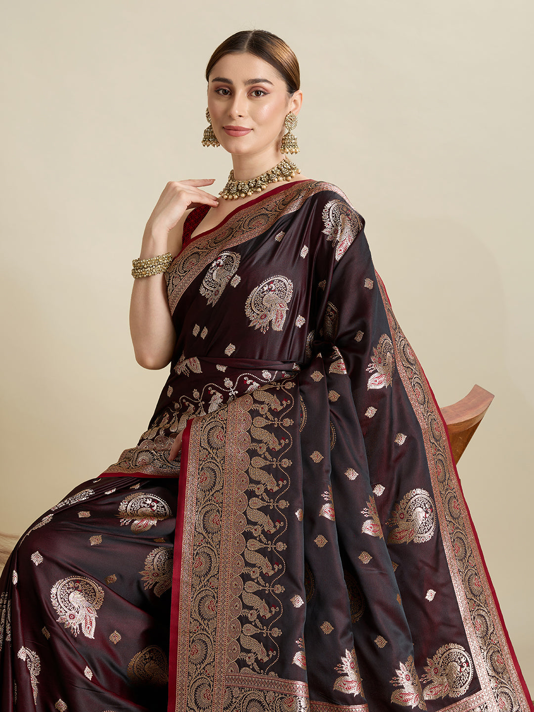 Vedant Vastram Soft Litchi SIlk Banarasi Silk Jacquard Saree - Maroon | Grocsy