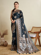 Vedant Vastram Soft Litchi SIlk Banarasi Silk Jacquard Saree - Navy Blue | Grocsy