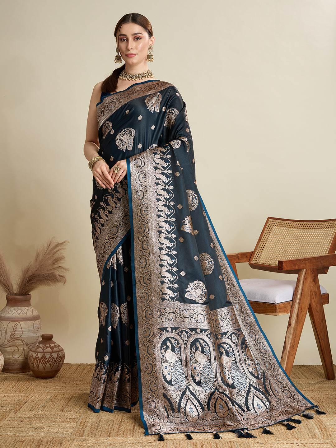 Vedant Vastram Soft Litchi SIlk Banarasi Silk Jacquard Saree - Navy Blue | Grocsy