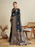 Vedant Vastram Soft Litchi SIlk Banarasi Silk Jacquard Saree - Navy Blue | Grocsy