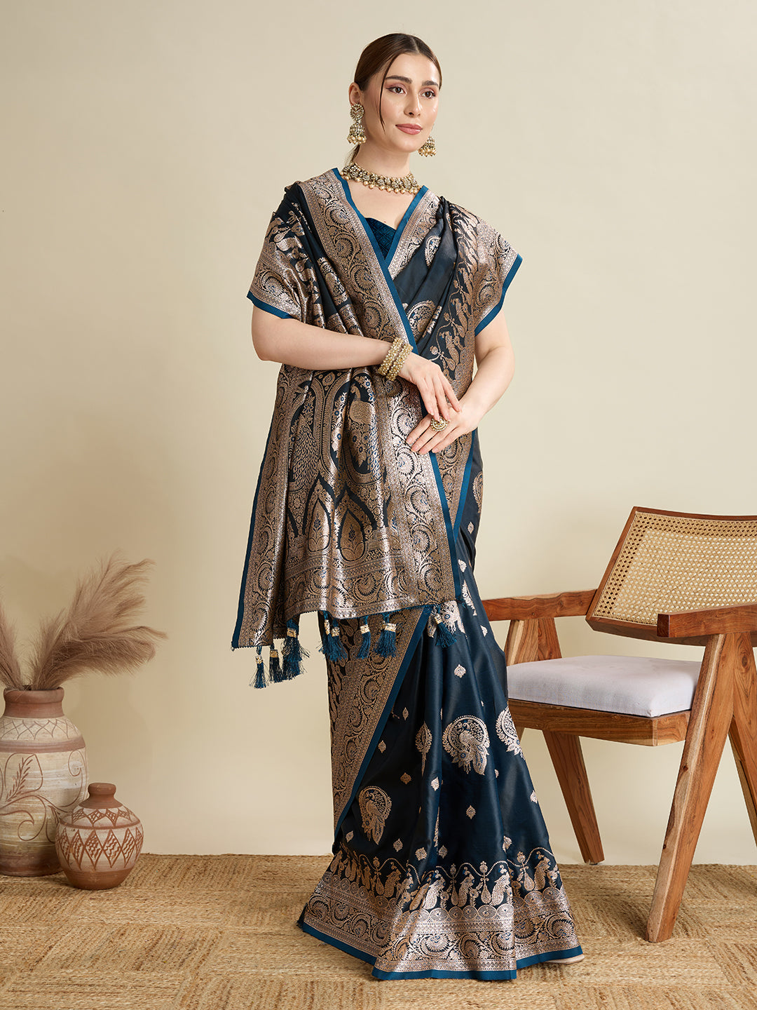 Vedant Vastram Soft Litchi SIlk Banarasi Silk Jacquard Saree - Navy Blue | Grocsy