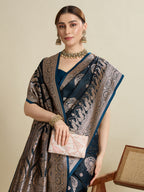 Vedant Vastram Soft Litchi SIlk Banarasi Silk Jacquard Saree - Navy Blue | Grocsy