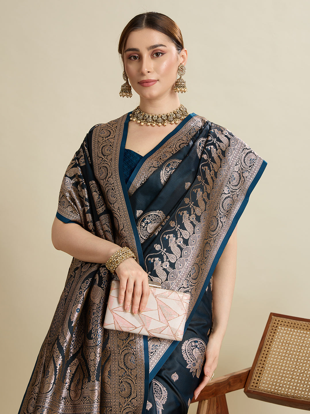 Vedant Vastram Soft Litchi SIlk Banarasi Silk Jacquard Saree - Navy Blue | Grocsy