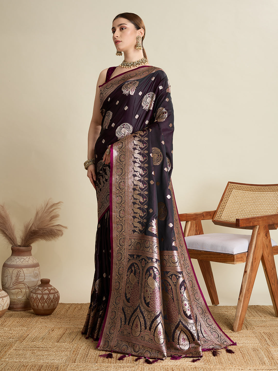 Vedant Vastram Soft Litchi SIlk Banarasi Silk Jacquard Saree - Wine | Grocsy