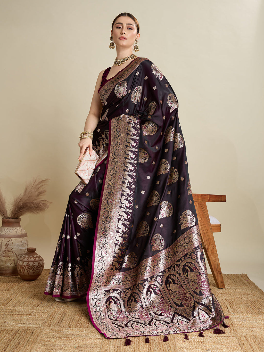 Vedant Vastram Soft Litchi SIlk Banarasi Silk Jacquard Saree - Wine | Grocsy