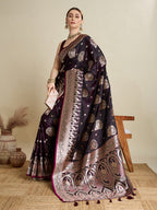 Vedant Vastram Soft Litchi SIlk Banarasi Silk Jacquard Saree - Wine | Grocsy