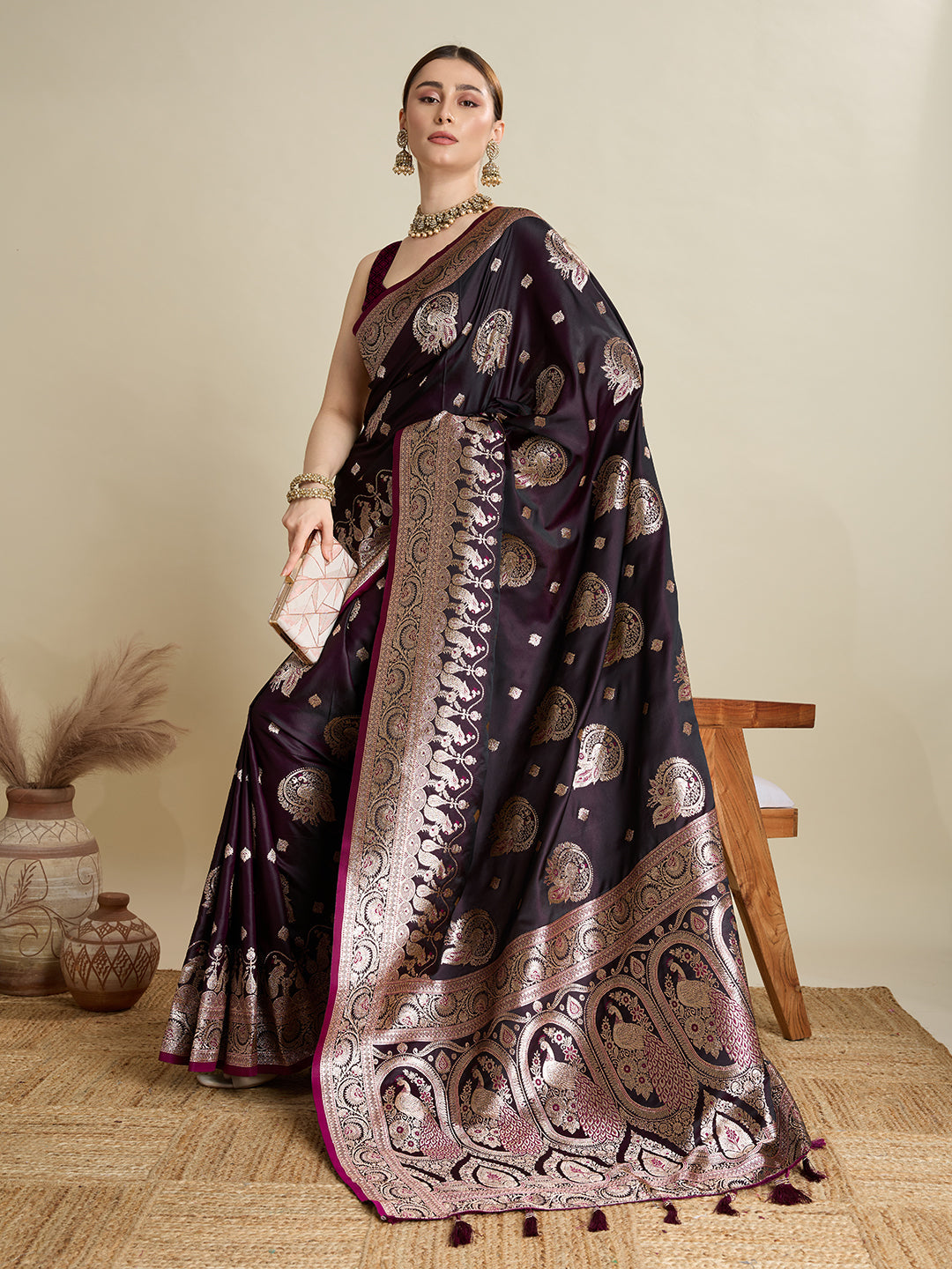 Vedant Vastram Soft Litchi SIlk Banarasi Silk Jacquard Saree - Wine | Grocsy
