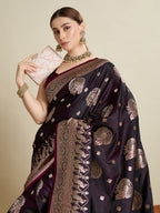 Vedant Vastram Soft Litchi SIlk Banarasi Silk Jacquard Saree - Wine | Grocsy