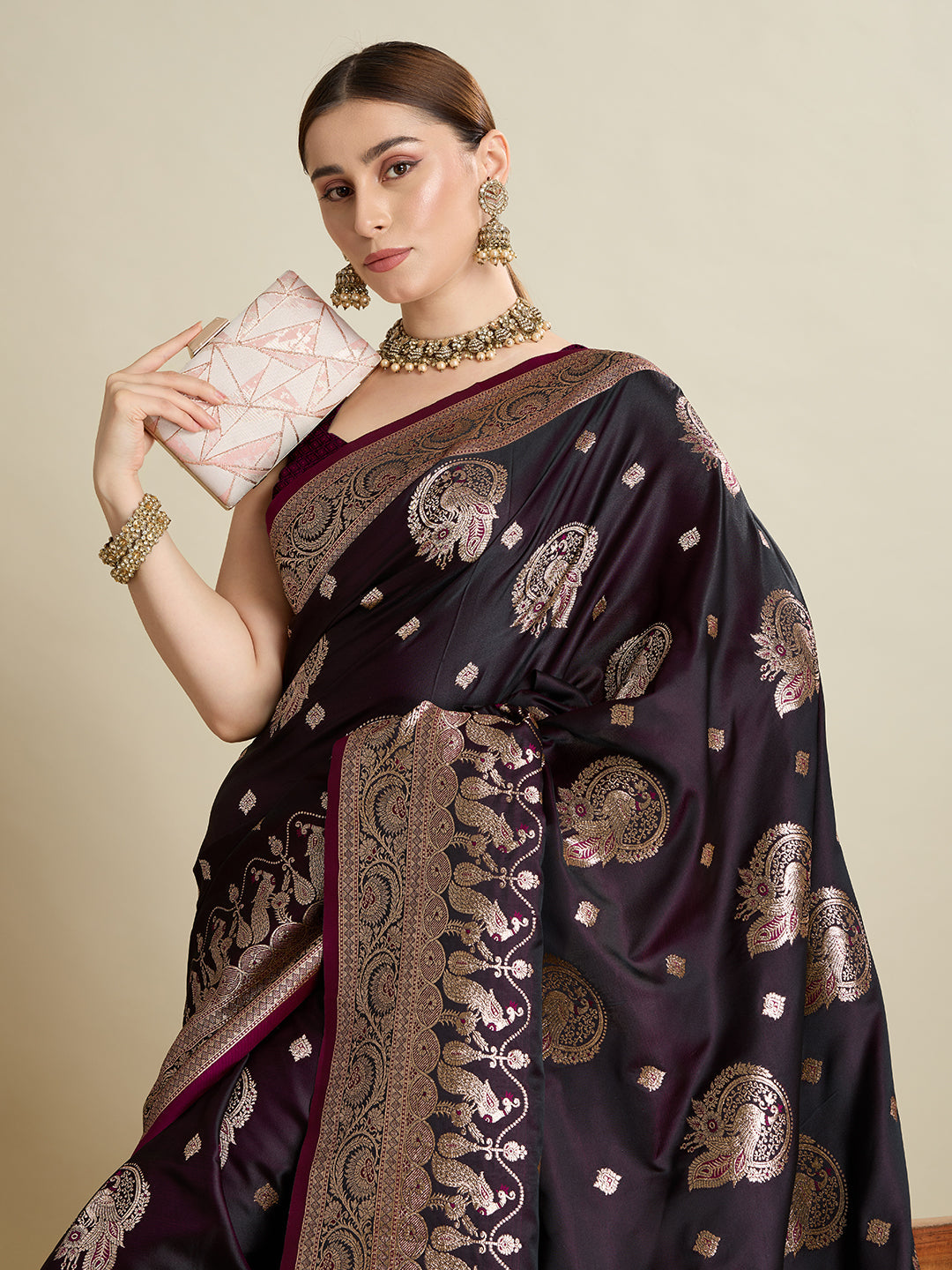 Vedant Vastram Soft Litchi SIlk Banarasi Silk Jacquard Saree - Wine | Grocsy