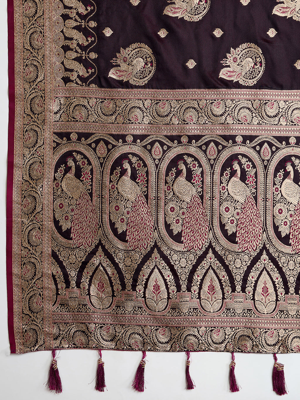 Vedant Vastram Soft Litchi SIlk Banarasi Silk Jacquard Saree - Wine | Grocsy