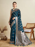 Vedant Vastram Soft Litchi SIlk Banarasi Silk Jacquard Saree - Firozi | Grocsy