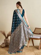 Vedant Vastram Soft Litchi SIlk Banarasi Silk Jacquard Saree - Firozi | Grocsy