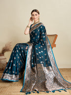 Vedant Vastram Soft Litchi SIlk Banarasi Silk Jacquard Saree - Firozi | Grocsy