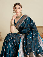 Vedant Vastram Soft Litchi SIlk Banarasi Silk Jacquard Saree - Firozi | Grocsy