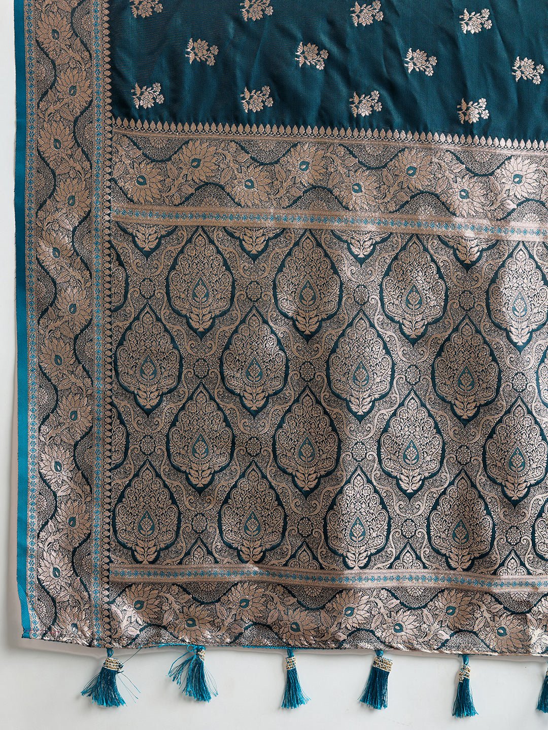 Vedant Vastram Soft Litchi SIlk Banarasi Silk Jacquard Saree - Firozi | Grocsy