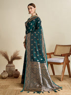 Vedant Vastram Soft Litchi SIlk Banarasi Silk Jacquard Saree - Green | Grocsy