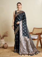 Vedant Vastram Soft Litchi SIlk Banarasi Silk Jacquard Saree - Navy Blue | Grocsy