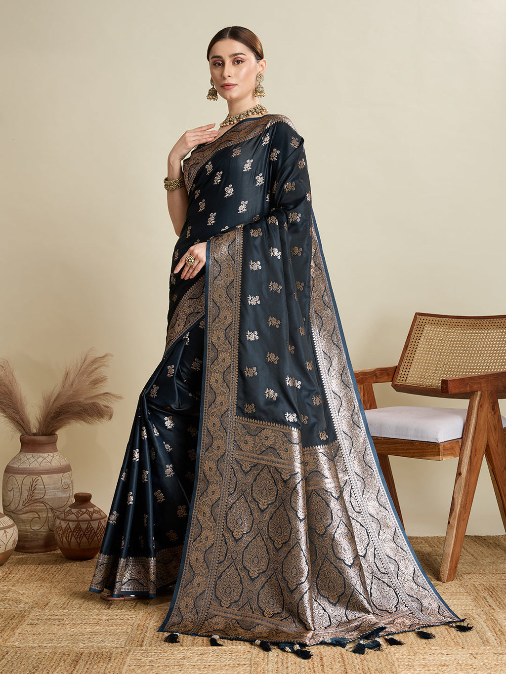 Vedant Vastram Soft Litchi SIlk Banarasi Silk Jacquard Saree - Navy Blue | Grocsy