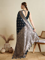 Vedant Vastram Soft Litchi SIlk Banarasi Silk Jacquard Saree - Navy Blue | Grocsy