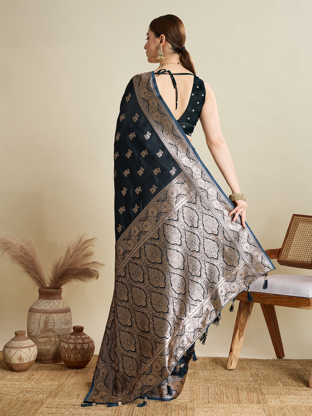 Vedant Vastram Soft Litchi SIlk Banarasi Silk Jacquard Saree - Navy Blue | Grocsy